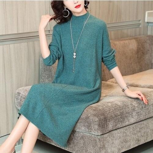 Autumn Winter Women Stand Collar Solid Color Sweater Knitted Long Dresses Female Pullover Long-sleeve Dress Casual Vestidos X314