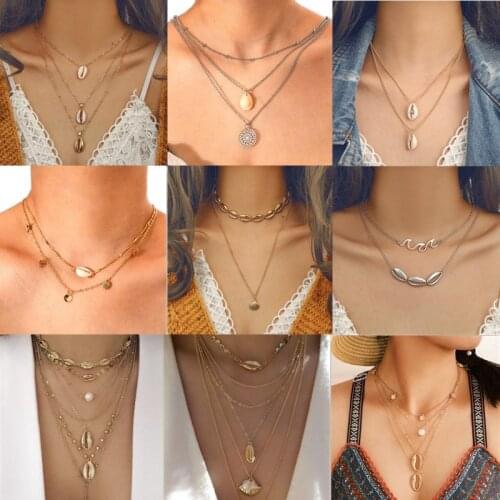 New Bohemian Summer Beach Conch Shell Multilayer Ladies Necklace Rhinestone Shell Pendant Women Necklace Party Gift Jewelry