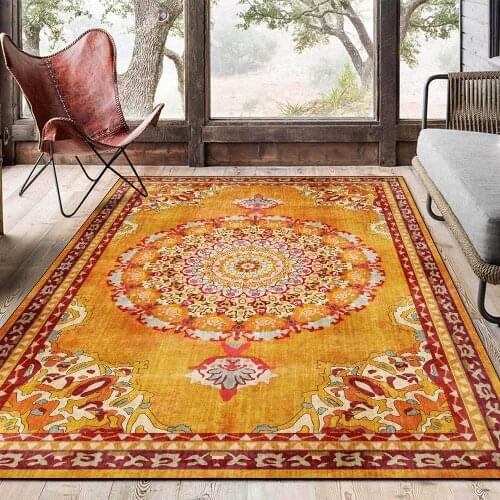 Retro Persian Living Room Area Rugs Light Luxury Golden Yellow Flower Printed Carpet Bedroom Bedside Kitchen Non-Slip Floor Mat