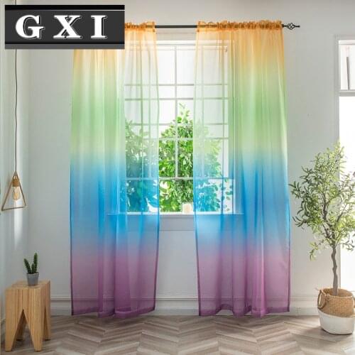 Rainbow Sheer Curtains Ombre Colorful Faux Linen Texture Gradient Window Gauze Voile Drapes for Kids Bedroom Playrooms Nursery
