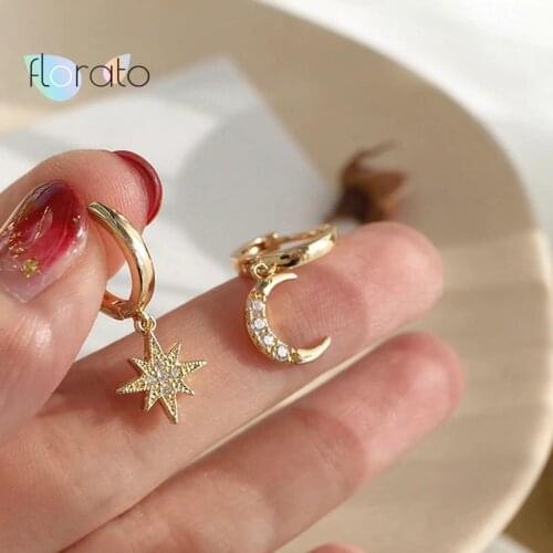 Korean Star Moon Hoop Earrings 925 Sterling Silver Ear Buckle Asymmetry CZ Crystal Earrings For Women Jewelry Pendanties