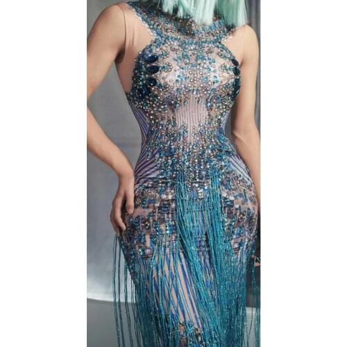 Blue Sexy Jazz Singer Dancer Stage Costume Crystals Rhinestone Party Long Dress Women Sleeveless Tassel Club Dress