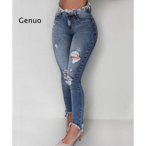 Washed Ripped Womens Jeans Hollow Hole Tassel Trousers High Waist Skinny Denim Jeans Female Korean Casual Elastic Pencil Pants