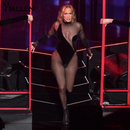 Yiallen Mesh Fleece Fabric Patchwork Jumpsuits Bodysuits Women See Through Side Slit Asymmetrical Street Party Club Overalls