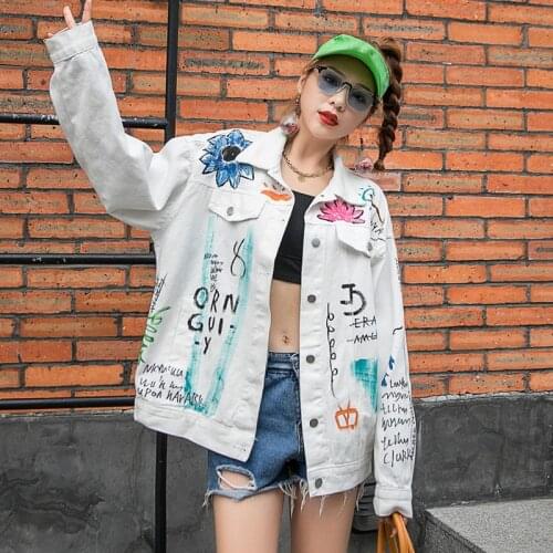 Turn-down Collar Jean Jacket Streetwear Hand-painted Print 2021 Fashion Oversized Loose Women’s Denim Full Sleeve Loose Coats