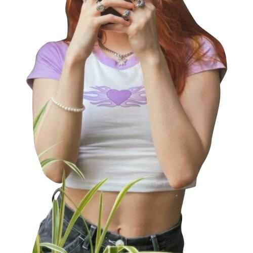 Female Streetwear Summer Crop Tops Short Sleeve Heart Flame Print Slim Fit Raglan T-Shirts Women Tops Shorts Basic Tees