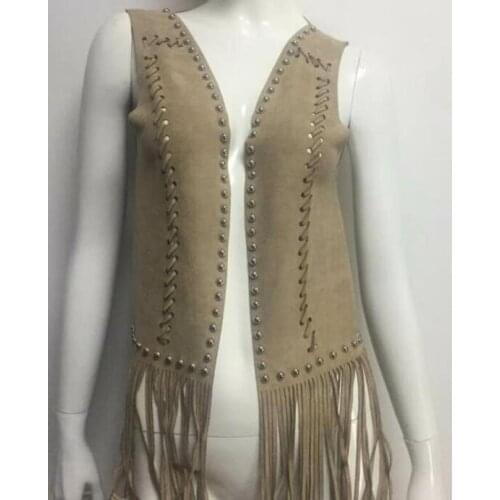 Sleeveless Jacket Coat Vests Women Waistcoat Suede Rivet Leopard Tassel Boho Fashion Slim Long Vest Spring Autumn Outwear Gilet