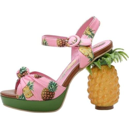 Moraima Snc Pineapple Printed Strange Heels Woman Shoes Summer Peep Toe Platform High Heel Sandals Ankle Strap Party Dress Shoes