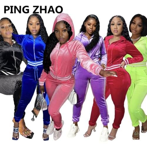PING ZHAO Stripe Velvet Women Tracksuit Autumn Winter Fashion Casual Two Piece Set Zipper Long Sleeve Hooded Coat Pants Outfit