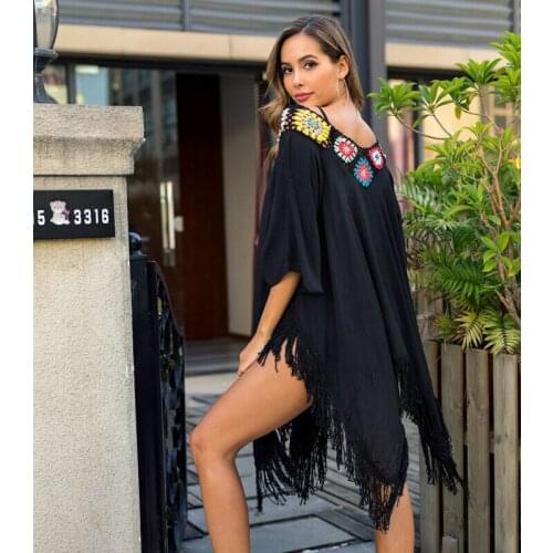 Womens Tassel Swimsuit Bikini Cover Up Crochet Shoulder Loose Swimwear Shawl Asymmetric Swimwear Bikini Bathing Suit Beachwear