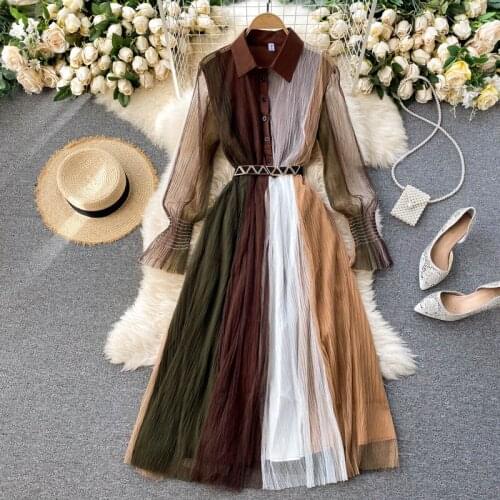 2021 spring summer new design sense contrast stitching mesh dress goddess fan temperament POLO collar slim mid-length dress s71