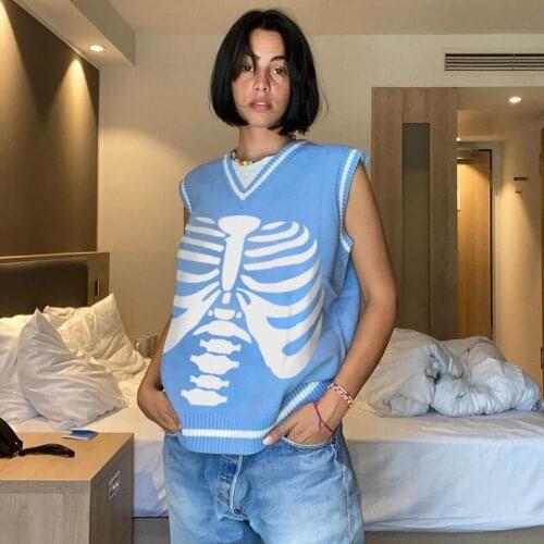 Winter Skulls Prinit Sleeveless Sweater Vest Loose Knitted Tank Top Casual Streetwear Fall 2021 Missnight