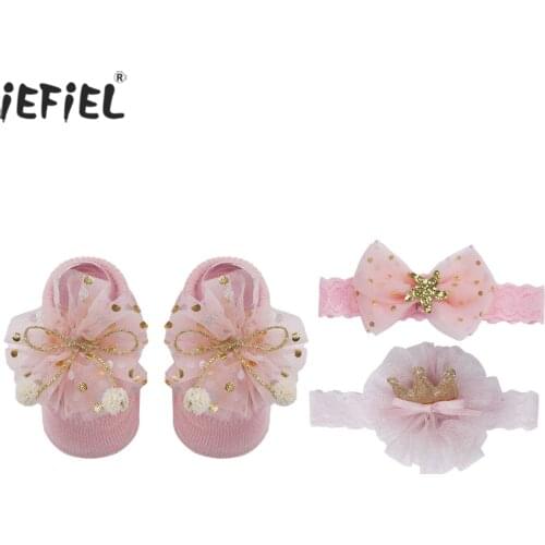 3Pcs/Set Baby Girl Flower Lace Elastic Headbands Socks Crown Bows Newborn Baby Hairband Turban Hair Accessories with Gift Box