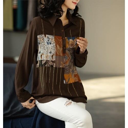 Fashion Coffee Color Printed Ladies Shirt Spring 2021 New Loose Lapel Blouses Rhinestones Shining Tops Blusas Camisas Femininas