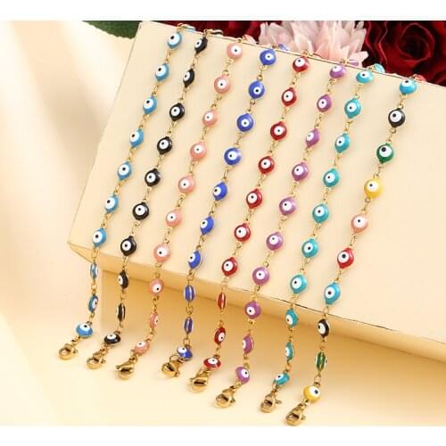 2021 New 8 Colors Stainless Steel Bead Bracelet For Women Men Gold Color Link Chain Colorful Evil Eye Charm Female Jewelry Gift