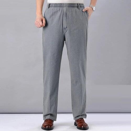 Men High Waist Trousers Casual Pants 2021 Men Linen Loose Cotton Pants Summer Thin Elastic waist Business Office 5XL Plus size