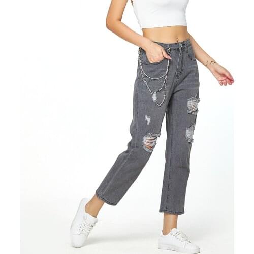 Womens Loose Solid Color Denim Jeans Pants Pocket Chain Decoration Ripped Holes Trousers Girls Leisure Slim Bottom