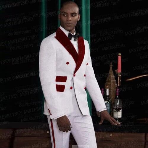 Custom White Men Wedding Suits 2 pieces Groom Prom Party Tuxedo Slim Fit Blazer Burgundy Collar Double Breasted Jacket Pants Set