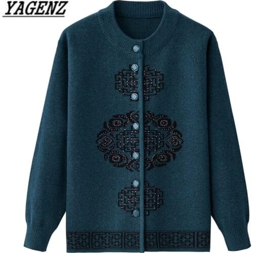 Spring Autumn Womens Sweater Cardigan Coats Fashion Loose Long-sleeve O neck Old lady Large size Knitted Sweater Cardigan L-5XL