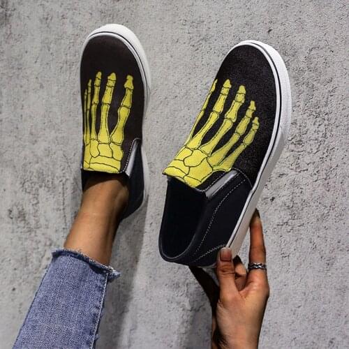 Wen Unisex Slip On Shoes Custom Design Skull Foot Skeleton Hand Painted Canvas Sneakers Black Flats Low Top Platform Plimsolls