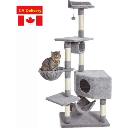 62inches Cat Tree & Cat Condo with Hammock Toys for Pet Light Gray Cat Scratching Post Faux Fur Cat Shelves