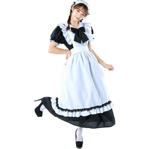 Retro Long Maid Butler Uniform Lace Apron Big Bow Black and White Cute Anchor Costume Halloween Costume