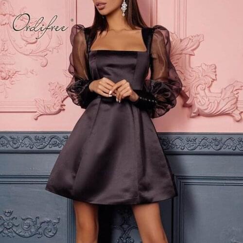 Ordifree 2021 Summer Women Mini Party Dress Long Sleeve Vintage Elegant Lady Night Sexy Satin A Line Dress