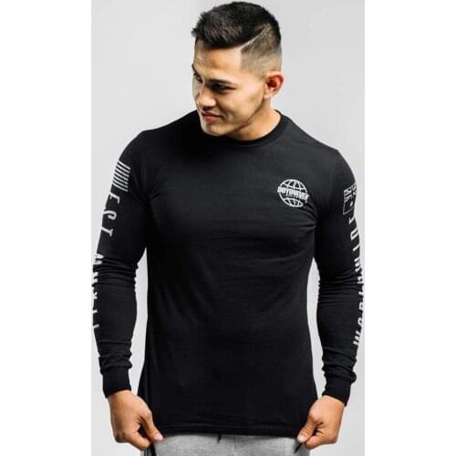 Army Green Casual Long sleeves t shirt Men Gym Fitness Cotton T-shirt Male Workout Print O-Neck Tees Tops Fashion Brand Apparel
