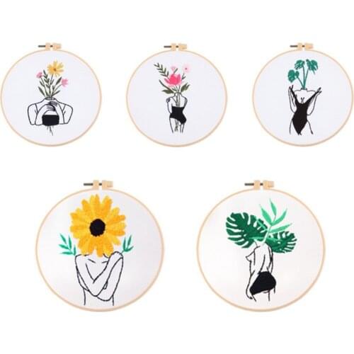 Beginner Cross Stitch Embroidery Set Needlework Tools Flowers Plants Pattern Embroidery Round Cross Stitch Kit Sewing Craft Self