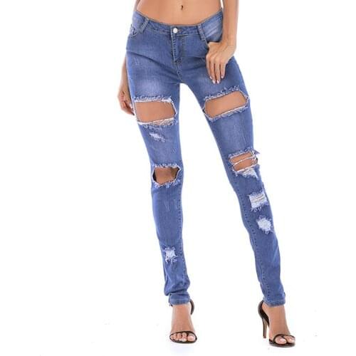 New Fashion Summer High Elastic Cotton Womens High Waist Torn Jeans Ripped Hole Knee Skinny Pencil Pants Slim Capris