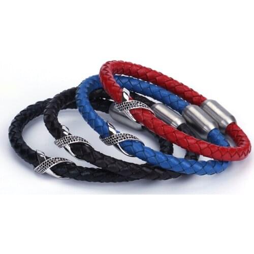 New Dark Brown Black Blue Red Macrame Leather Silvery Pave CZ X Charm Stainless Steel Magnetic Clasp Bracelets Bangles For Men