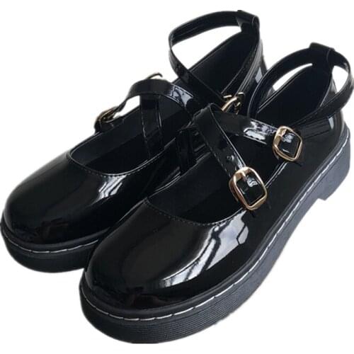 Round Toe Shoes Student Lolita Mori Girl Shoes Uniform Shoes Cross tied Ankle-Strap Flatform Mary Jane Shoes