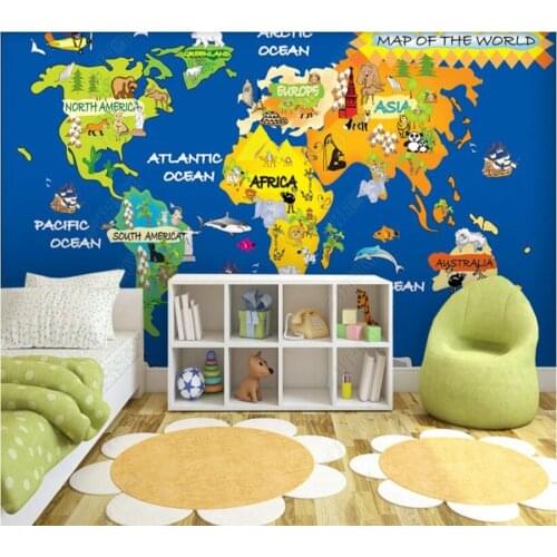 Papel de parede Cartoon world map childrens room 3D wallpaper mural,living room home decor