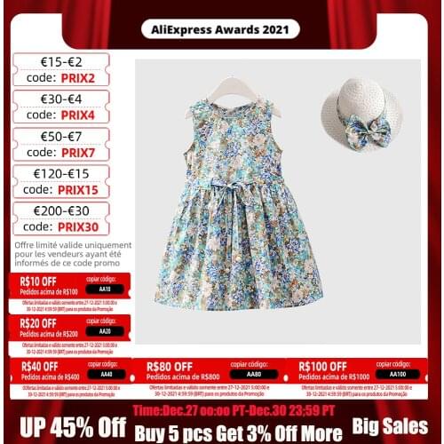 Girls Dress+Hat 2PCS Girls Clothing sets Kids Clothes Girls 2021 Summer Cotton Dress Floral Girls' Sleeveless Dress For Children