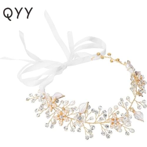 QYY Wedding Bridal Hair Bands Ribbon Hair Ornaments Women Rhinestone Pearl Headbands Bridal Hair Vine Jewelry Bride Hairpieces