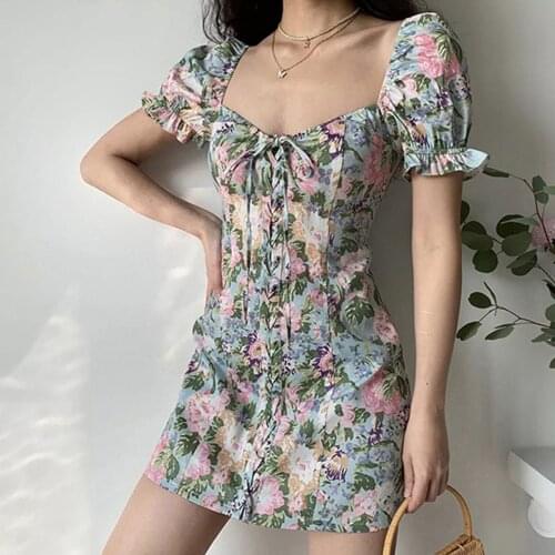Sexy Women Elegant Slim V Neck Boho Maxi Party Women Floral Wrap Dress Off Shoulder Tie Up Front Ruffle Mini Summer