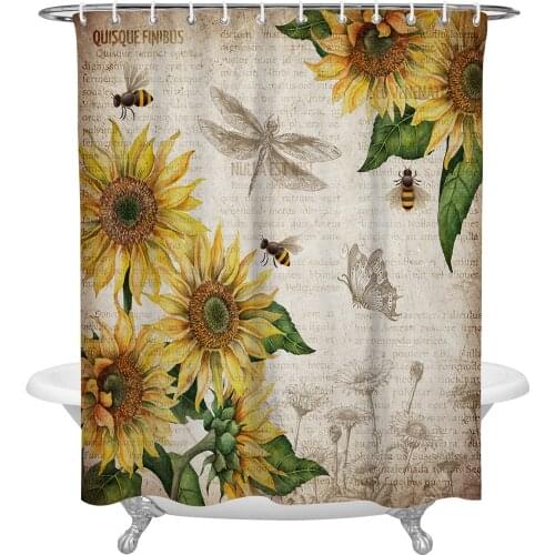 Vintage Old Newspaper Sunflower Dragonfly Butterfly Shower Curtain Home Bath Decor Waterproof Polyester Fabric Bathroom Curtain