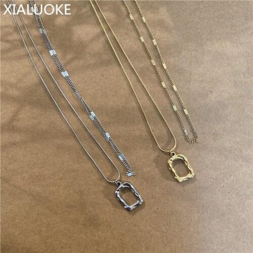 XIALUOKE Bohemia Geometric Metal Rectangle Pendant Double Chain Necklace For Women Retro Hip Hop Rock Necklace Wholesale