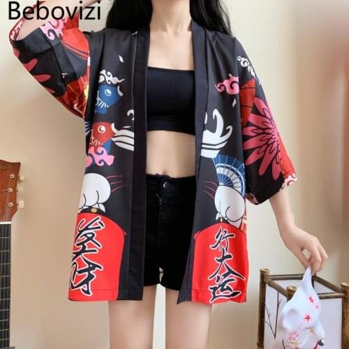 Japanese Fashion Lucky Cat Print Sexy Kimono Belt Cardigan Clothes Cosplay Costumes Women Yukata 2021 Traditional Shirt Haori