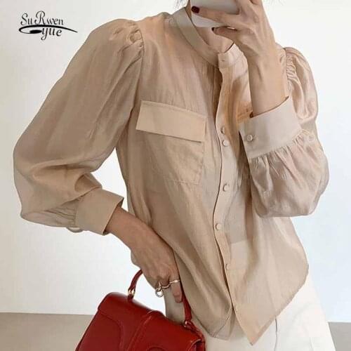 Vintage Puff Sleeve Stand Collar Korea Casual Autumn Fashion Single Breasted Blouse Women Thin Pockets Solid Shirt Tops 12365