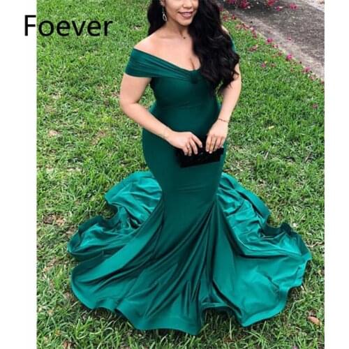 Teal 2019 Mermaid Evening Dresses Short Sleeve Elastic Satin Zipper Off Shoulder Prom Gown Formal Evening Dress