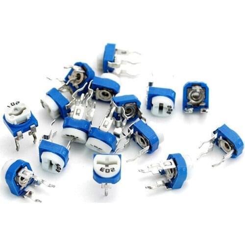 100 10 value potentiometer Trimpot variable resistance blue and white horizontal adjustable resistance potentiometer