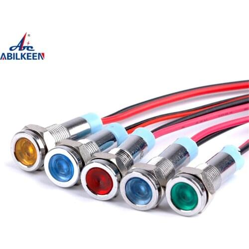 6MM/8MM/12M Flat Head LED Metal Indicator Light Waterproof Signal Lamp 6V 12V 24V 220V With Wire Red Yellow Blue Green White