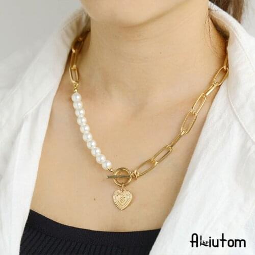 ALIUTOM 2021 Elegant Imitation Pearl Necklaces For Women Statement Gold Heart Love Pendant Necklace Long Chain Jewelry Gifts