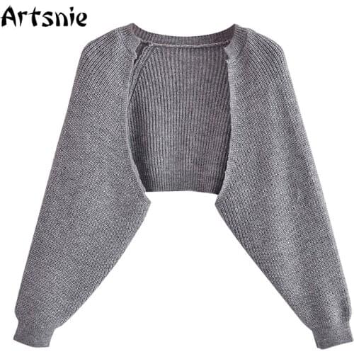 Artsnie Gray Knitted Crop Cardigan Women Autumn 2021 V Neck Long Sleeve Pull Femme Sweater Streetwear Ladies Cardigans Sweater