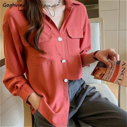 Blouses Shirts Women Spring Loose Solid Pockets Chiffon Vintage Korean Style Fashion Elegant Womens Stylish Chic Simple Ulzzang