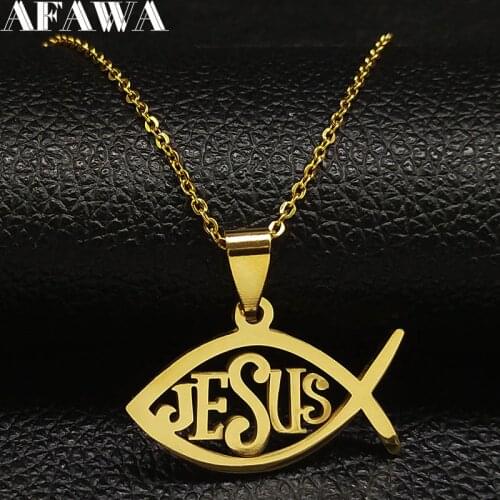 Fish Jesus Stainless Steel Chain Necklace Women Gold Color Necklaces Pendants Jewelry joyas de acero inoxidable para mujer 18577