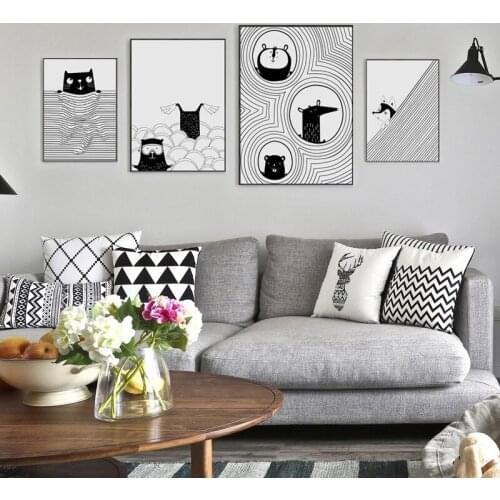 Black And White Line Cartoon Animal Cat Living Room Decoration Painting Canvas Sofa Wall Picture Poster Child Nursery Room