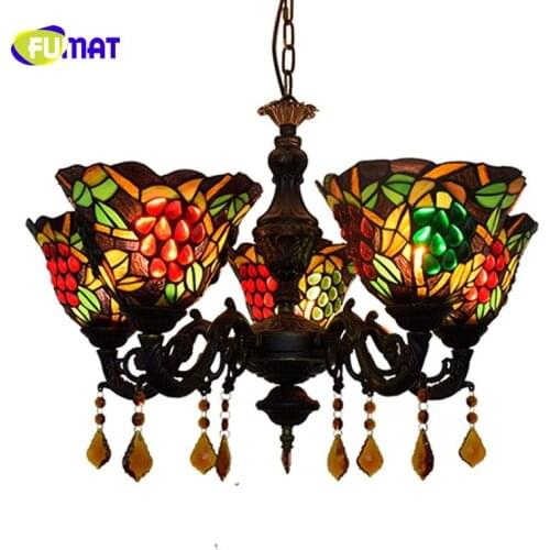 FUMAT European Creative Dragonfly Tiffany Stained Glass Living room Dining room bedroom bar Grape 5 Crystal chandelier