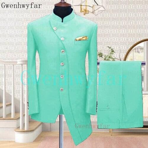 Gwenhwyfar 2021 New Mint Green Mens Suits 2 Piece Beach Groomsmen Wedding Tuxedos For Party Men Formal Prom Suit (Jacket+Pants)